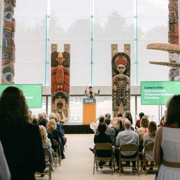 Dennis Thomas-Whonoak, Executive Director, Spitz Centre for Indigenous Business Education UBC Sauder expresses gratitude to guests and attendees at the launch event at the Museum of Anthropology