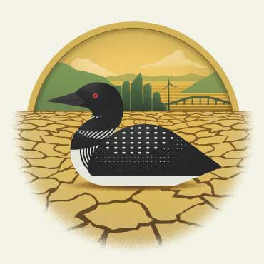 Illustration of a loon sitting on dry and cracked soil with a city, mountains, wind turbine, and bridge in the distance.