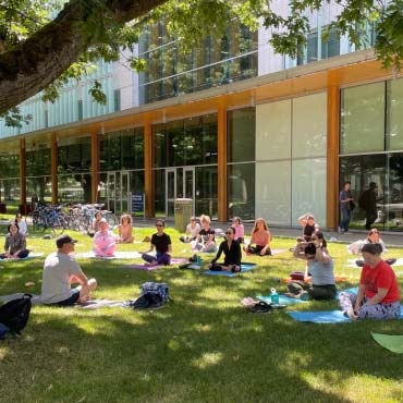 Group of people doing yoga outdoors.