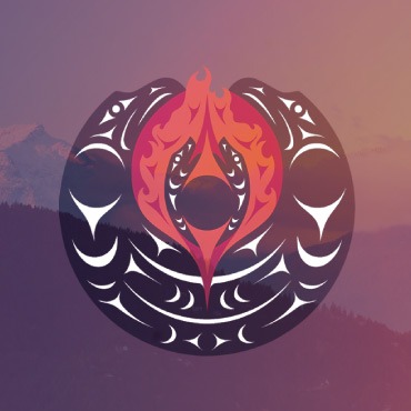 A circular design featuring red flame-like elements at the center and white geometric patterns on a gradient background