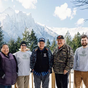 Members from the “Land Management at T’eqt’aqtn (Kanaka Bar)” CUES 23/24 project with T’eqt’aqtnmux Elders. Pauline Michell, Mary-Jo Michell, wlwlmelst (Maurice Michell), nkyep (Ernie Michell), and Sean O’Rourke.