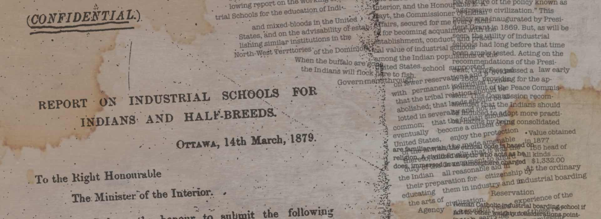 Text excerpts from the Davin Report on residential schools, layered on a historical image of the document.