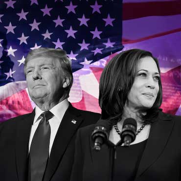 Donald Trump and Kamala Harris with both American and Canadian flag in the background