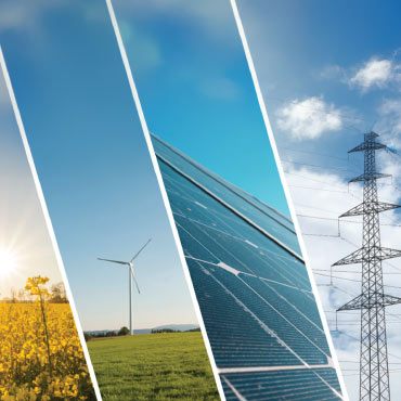 Collage of solar panels, wind tubines, and power transmission lines