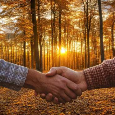 Two hands shaking in forest of fall foliage