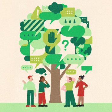 Illustration of a tree with discussion bubbles with people under it