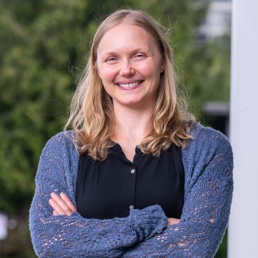 Dr. Annie Ciernia outside the Djavad Mowafaghian Centre for Brain Health at UBC.