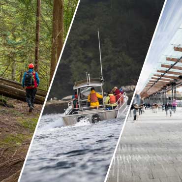 Collage of three images: person walking in the forest, boat moving on the water and UBC Vancouver campus.